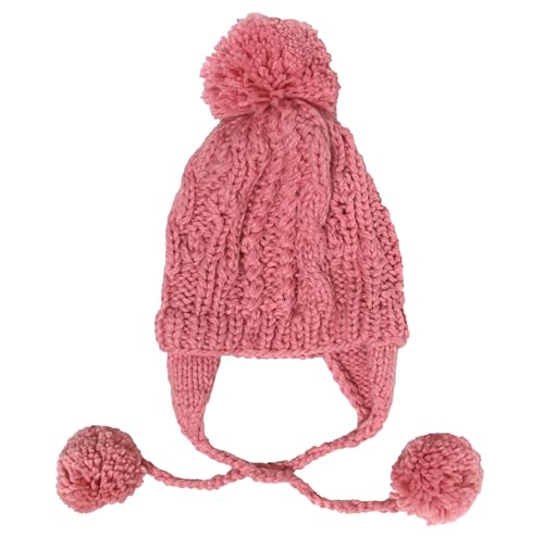 Women Winter Crochet Hat Cable Knit Beanie Ski Ear Flaps Pom Cap - color: Pink