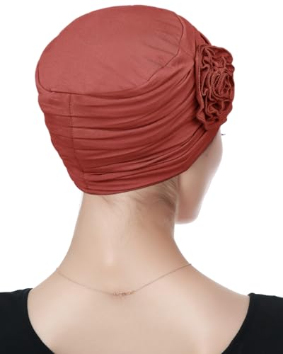 Alnorm Flower Design Chemo Hair Loss Caps Cancer Headwear for Women - color: Dusty Orange-red