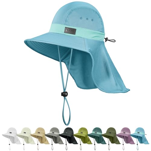 Sukeen Cooling Sun Hat for Men Women UPF50+ Wide Brim Fishing Hat with Neck Flap Adjustable Foldable Bucket Hat for Hiking - color: Light Blue