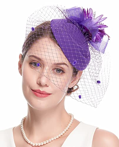 Fascinator Hats for Women 20s 50s Vintage Pillbox Hat Kentucky Derby Fascinators Flower Veil Wedding Tea Party Hat - color: 1-purple
