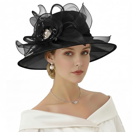 AQOKKA Women Organza Church Fascinators Kentucky Derby Hats for Women and Girls Wedding Flower Tea Party Hat with Wide Brim - color: Organza Rose : Black
