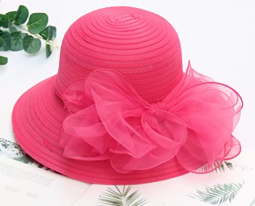 Women's Kentucky Derby Church Dress Hat Wide Brim Leaf Flower Bridal Shower Hat - color: 01 Rose