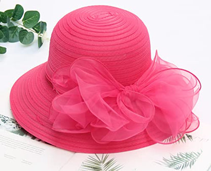 Women's Kentucky Derby Church Dress Hat Wide Brim Leaf Flower Bridal Shower Hat - color: 01 Rose