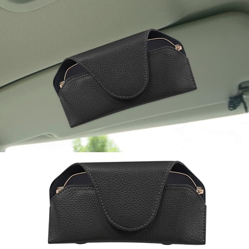 Sunglass Holder for Car Visor, Magnetic Leather Auto Sun Visor Eyeglasses Protective Storage Case with Mount Clip, Vehicle Interior Eyewear Organizer Accessory for Most Cars (Black)