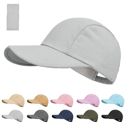 Foldable Baseball Cap for Men and Women,Long Brim Breathable Baseball Hats Quick Dry Sun Protection Collapsible Portable Hat - color: Light Grey