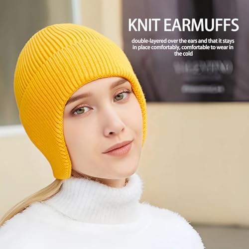 Winter Beanie Hats for Men Outdoor Stretchy Knit Ski Caps with Earflap Windproof - color: Yellow