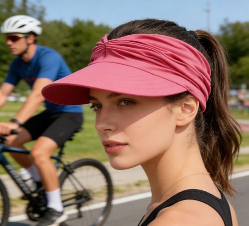 Sun Hat Women Sun Beach Visor Cap UV Protection Summer Wide Brim Hat for Sports Beach Golf Tennis Hiking - color: Rose Red