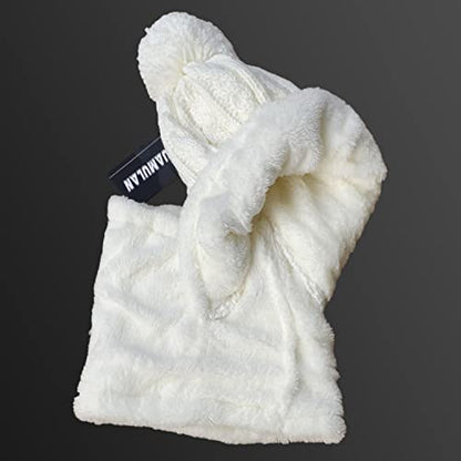 HUAMULAN Women Winter Knit Beanie Hats One Piece Fleece Lined Balaclavas - color: Cream White