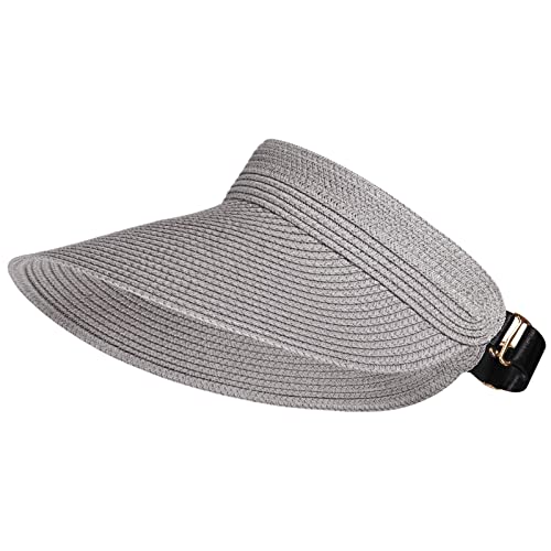 Women Summer Sun Hat Lady's Portable Beach Visor Bowknot Straw Hat - color: Grey 6