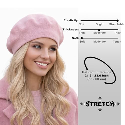 Warm Lined Wool Angora Knit Beret and Satin Lined French Hat Lightweight Beanie - color: Pink