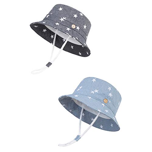 LANGZHEN Sun Protection Hat for Kids Toddler Boys Girls Wide Brim Summer Outdoor hat Cotton Baby Bucket Hat with Chin Strap - color: Double Stars, size: 3-6 Months
