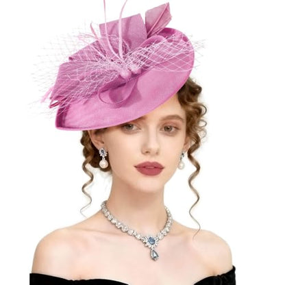 AQOKKA Women Fascinators Hats Flower Mesh Feathers Headband Clip - color: 1 Pc Feather Fascinators : Light Purple