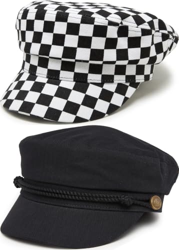 Funky Junque Greek Fisherman Newsboy Cap, Cotton Captains Bakerboy Hat - color: 2 Pack - Checker - White/Black & Solid Black