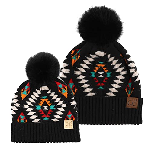 Funky Junque Mommy & Me Pom Pom Beanies Set – Infant Baby & Mom Matching Winter Outfits, Warm Newborn & Women's Beanie Hats - color: Aztec - Black