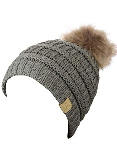 C.C Children's Kids' Soft Stretch Cable Knit Faux Fur Pom Beanie Hat - color: Light Melange Gray
