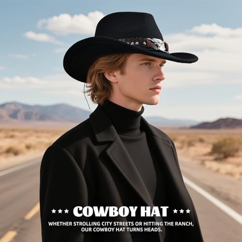 Classic Western Cowboy Hat Cowgirl Hat Unisex Men's & Women's Wide Brim Felt Fedora Hat Flat Top with Buckle Belt - color: Black 6#, size: 7-7 1/4