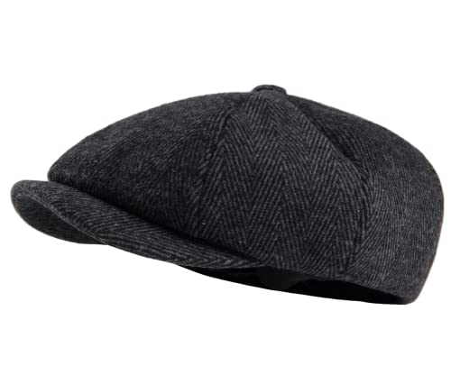 2 Pack Newsboy Cap Peaky Herringbone Baker Boy Flat Caps for Men Women (Black and Gery)