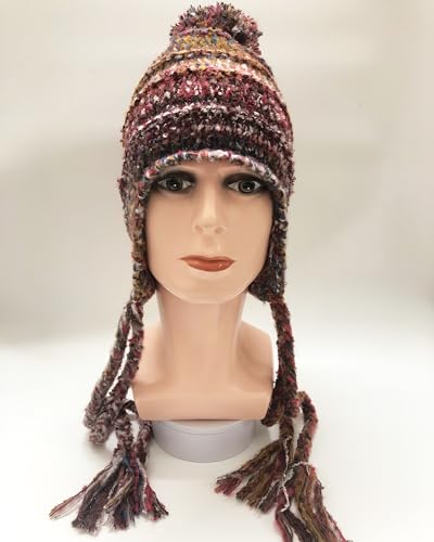 yolrdiw Women's Boho Crochet Colorful Hat Tassel Braid Winter Knit Beanie with Ear Flaps Pom Pom - color: Blue