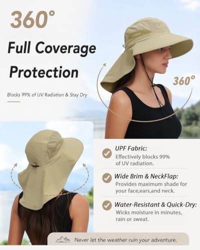 Sun Hat UPF50+, Breathable Wide Brim Bucket Hat Outdoor for Hiking Garden - color: Khaki