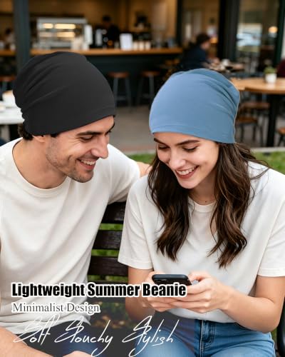 ROYBENS 100% Cotton Thin Slouchy Beanie Hat Women Men Lightweight Chemo Cap - color: 2pcs Black+light Blue
