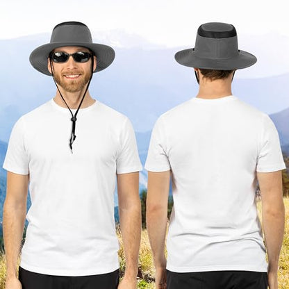 SUN CUBE Wide Brim Sun Hat for Men Women UPF 50+ UV Protection Safari Boonie Hat with Chin Strap, Pocket, Fishing Hiking Hat - color: Gray