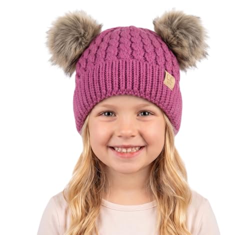 C.C Kids' Cable Knit Double Pom Beanie for Kids - Comfortable Soft Warm Children Skully Hat with Pom - color: Natural Faux Fur Pom New Lavender