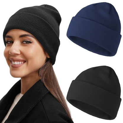 vidsel 100% Cotton Beanie Hat-Unisex Winter Knit Cuffed Beanies Skull Cap - color: 2pcs - Black, Navy Blue