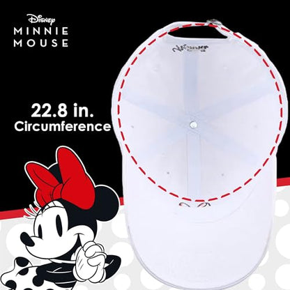 Disney Minnie Mouse Dad Hat, Cotton Adjustable Baseball Cap with Curved Brim - color: White/Red Bow