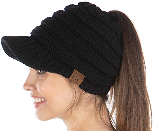 Funky Junque Exclusives Ponytail Beanie for Women – Cable Knit Womens Winter Hat, High Pony Tail Running Beanies - color: Black - Brim Cap