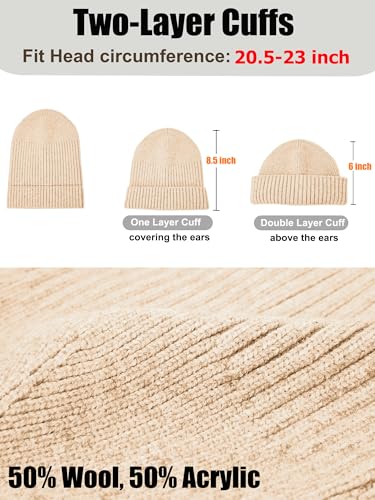 Wool Short Fisherman Beanie for Men Women Double Cuffed Skull Caps - color: 1pcs-apricot