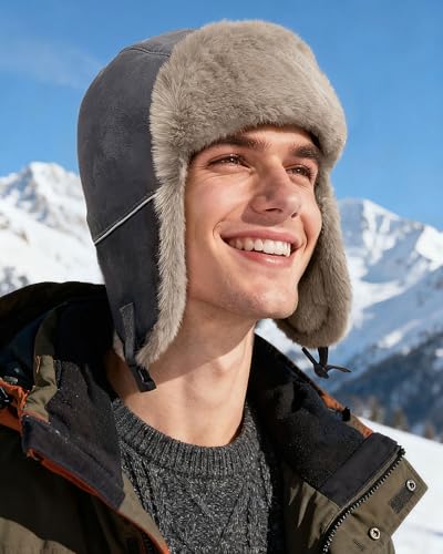 CLAPE Winter Trapper Hat with Ear Flaps, Warm Faux Fur Lined Windproof Snow Cap Aviator Hat with Reflective Strap - color: Pl2509-gray
