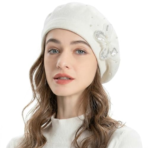 ZLYC Women French Beret Hat Reversible Solid Color Mosaic Warm Artist Cap - color: Butterfly White