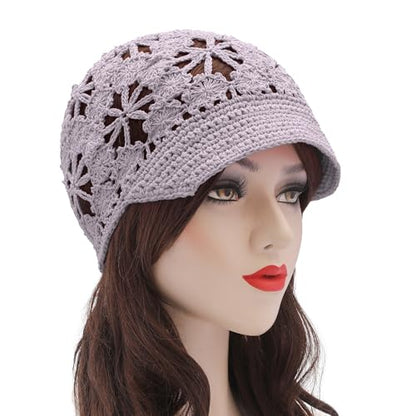 ZLYC Women Summer Slouchy Crochet Hat Handmade Cutout Skull Cap with Visor - color: Plain Light Purple, size: One Size