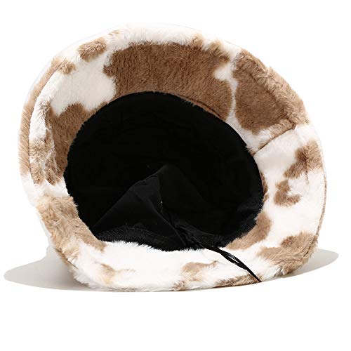 Umeepar Winter Faux Fur Fuzzy Bucket Hat Fluffy Warm Hat for Women Men - color: Cow Print Khaki