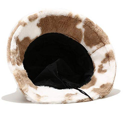 Umeepar Winter Faux Fur Fuzzy Bucket Hat Fluffy Warm Hat for Women Men - color: Cow Print Khaki