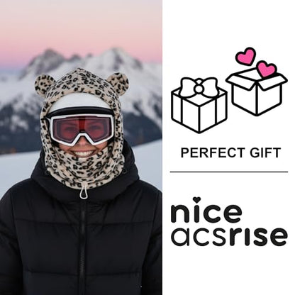 Fleece Balaclava Over Helmet - Warm Helmet Ninja Hood - Snowboard Hooded Hat Neck Gaiter Ski Mask - color: Leopard-earsup, size: One Size
