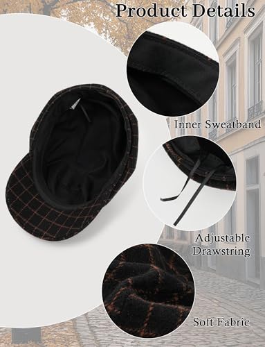 FEOYA Women Newsboy Hat Plaid Cabbie Caps Cotton Casual Stylish Beret Cap Paperboy Hats - color: Plaid-black