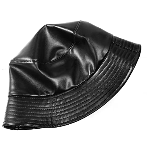 Eigso Unisex Womens Black Leather Bucket Hat Fashion Classic Vintage Hip Hop 80s Hiking Outdoor Fishrman Cap for Woman Man