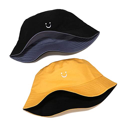 Unisex Cotton Packable Bucket Hat Sun Hat Beach Cap for Men Women - color: Smile Face White/Black