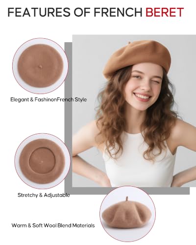 French Beret Hats for Women - Wool Solid Color Beanie Cap - color: Camel