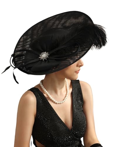 Unpifolov Fascinators Hats Elegant Women Flower Mesh Feathers Wedding Cocktail Bride Headband for Derby Hat Tea Party - color: Black