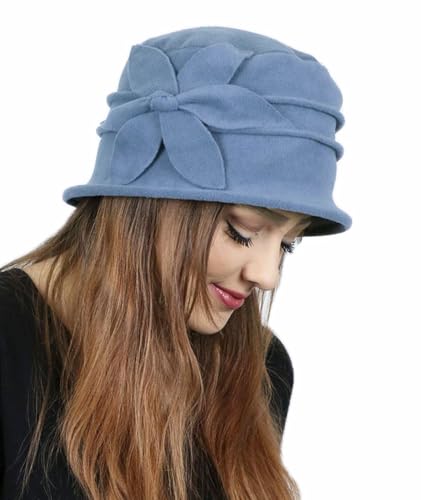 Fleece Flower Cloche Hat for Women Chemo Cancer Ladies Headwear 50+ UPF - color: Blue Grey