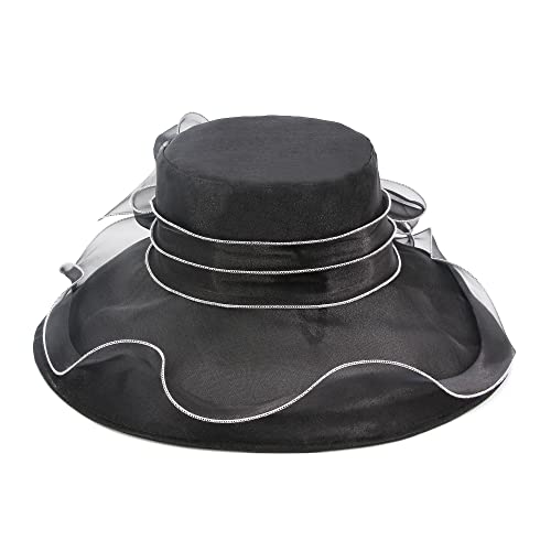 Haoohu Women's Church Derby Hat Wide Brim Bow Bucket Hat Wedding Dress Hat Fascinator Bridal Tea Party Hat - color: F-black