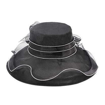 Haoohu Women's Church Derby Hat Wide Brim Bow Bucket Hat Wedding Dress Hat Fascinator Bridal Tea Party Hat - color: F-black
