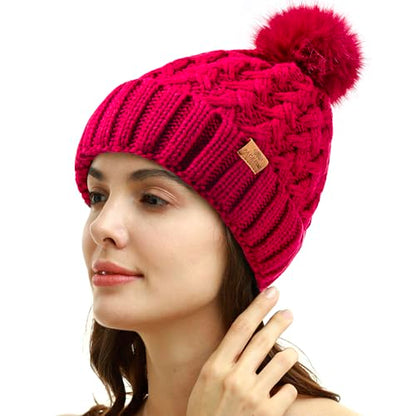 PAGE ONE Womens Winter Ribbed Beanie Crossed Cap Chunky Cable Knit Pompom Soft Warm Hat - color: Rose Red