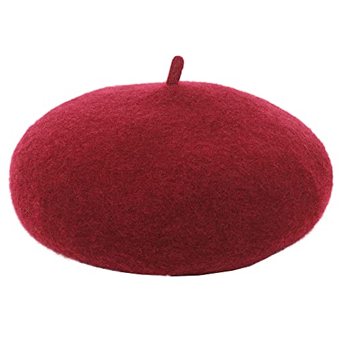 Womens Wool French Beret Chic Solid Beanie Hat Stretchable Classic Beret - color: Claret