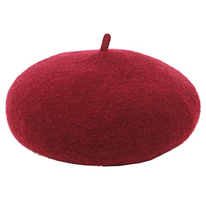 Womens Wool French Beret Chic Solid Beanie Hat Stretchable Classic Beret - color: Claret