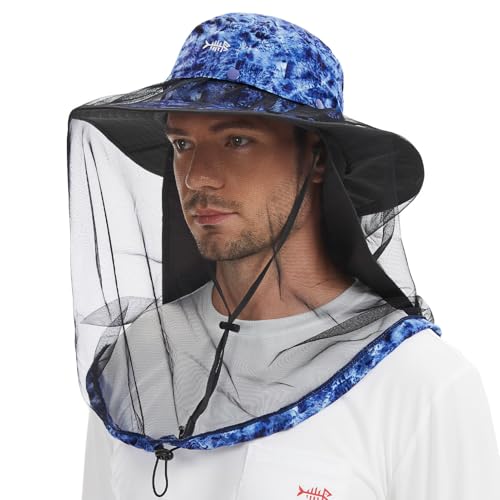 BASSDASH UPF 50+ Mosquito Sun Hat with Hidden Head Net and Neck Flap for Men Women Outdoor Fishing Hiking Camping - color: Blue Camo