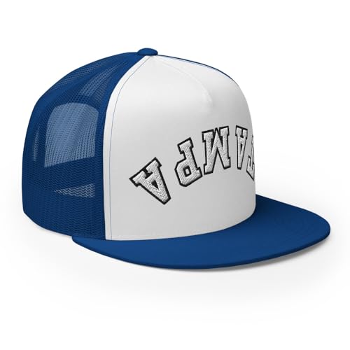 NX Upside Down Tampa Embroidered Flat Bill Trucker Hat High Crown Snapback Cap - color: Royal/ White/ Royal