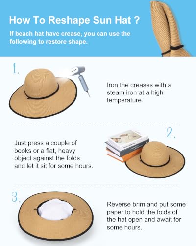 Sun Hats for Women, Summer Wide Brim Straw Beach Hat - color: Khaki Black, size: Large